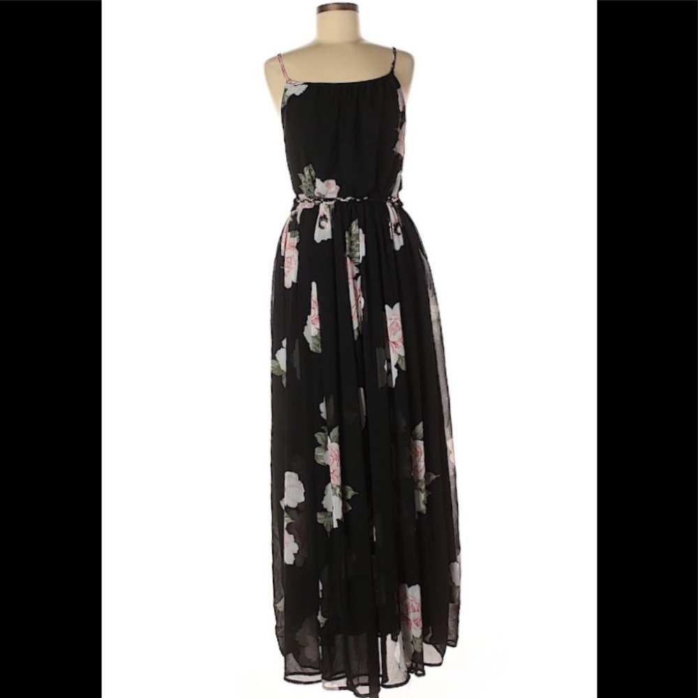 Long black floral print dress